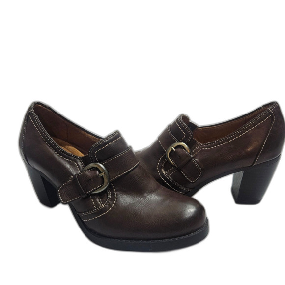 Natural Soul Pilgrim Block Heel Brown Heeled Loafer Buckle Women's 6.5 Vegan - Picture 1 of 7